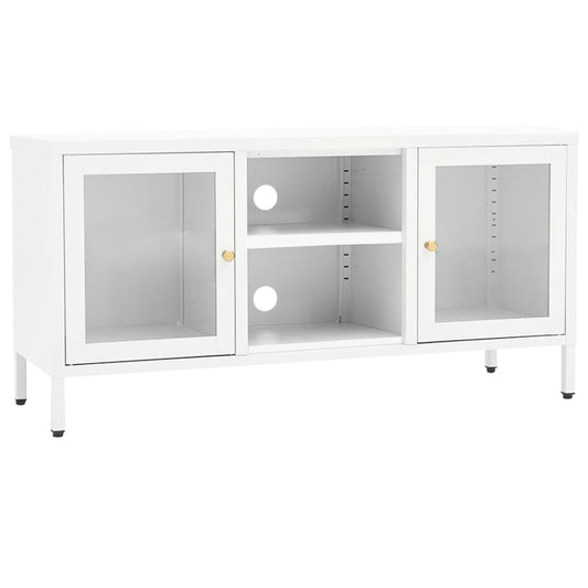TV Cabinet White 105x35x52 cm Steel and Glass TV Cabinet White 105x35x52 cm Steel and Glass