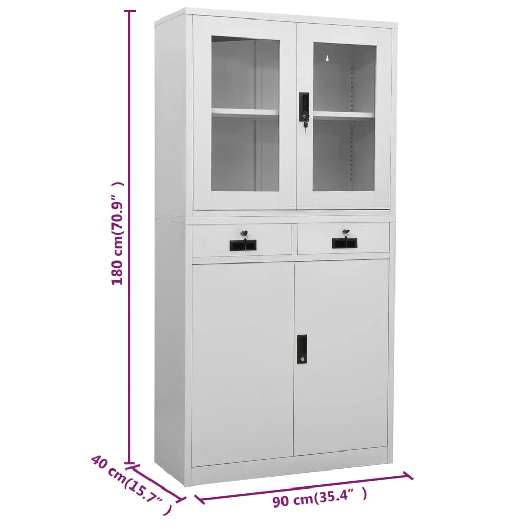 Office Cabinet Light Grey 90x40x180 cm Steel and Tempered Glass