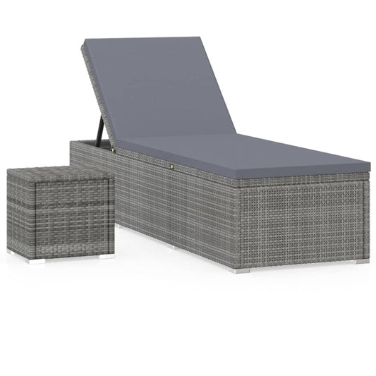 Sun Lounger with Cushion and Tea Table Poly Rattan Grey Sun Lounger with Cushion and Tea Table Poly Rattan Grey