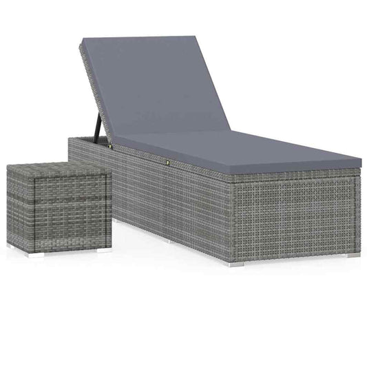 Sun Lounger with Cushion and Tea Table Poly Rattan Grey Sun Lounger with Cushion and Tea Table Poly Rattan Grey