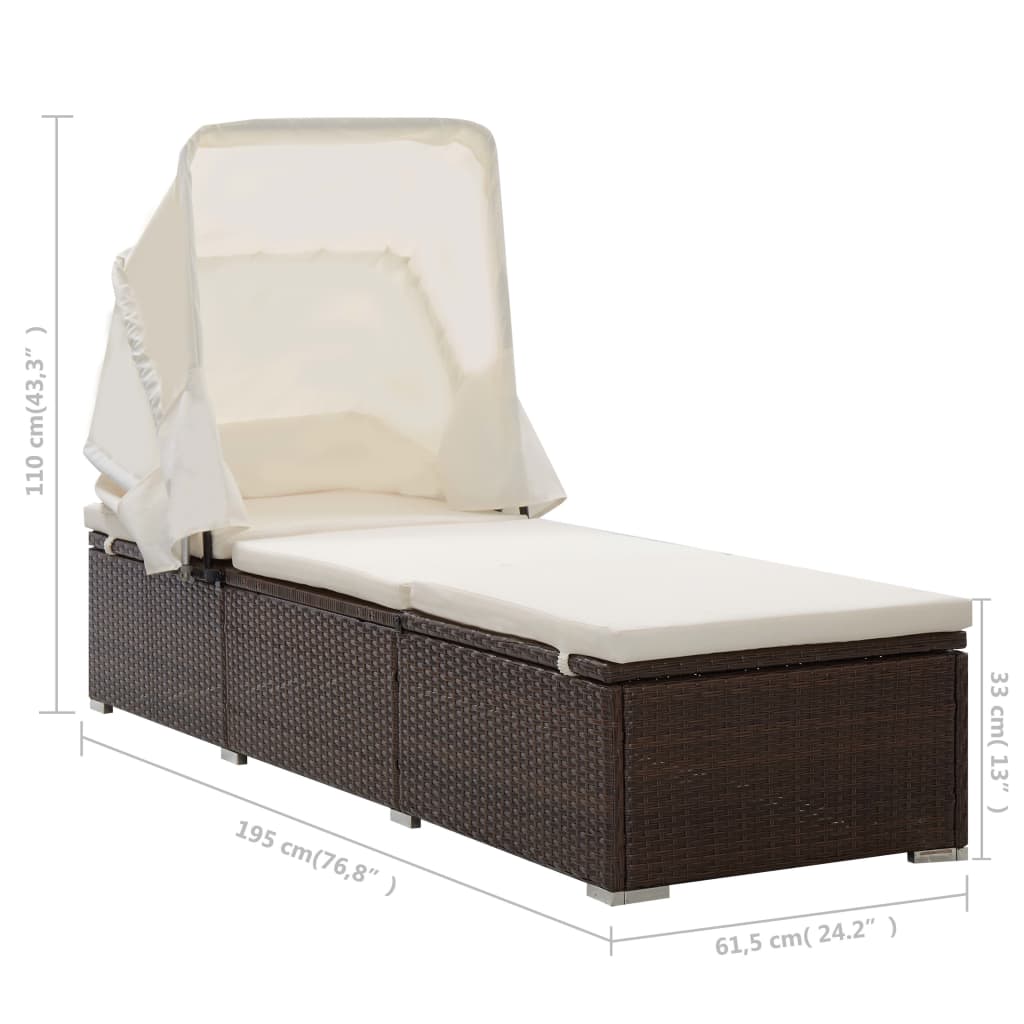 Sun Lounger | Brown | PE rattan | 195 x 65 x 110 cm | Removable Covers