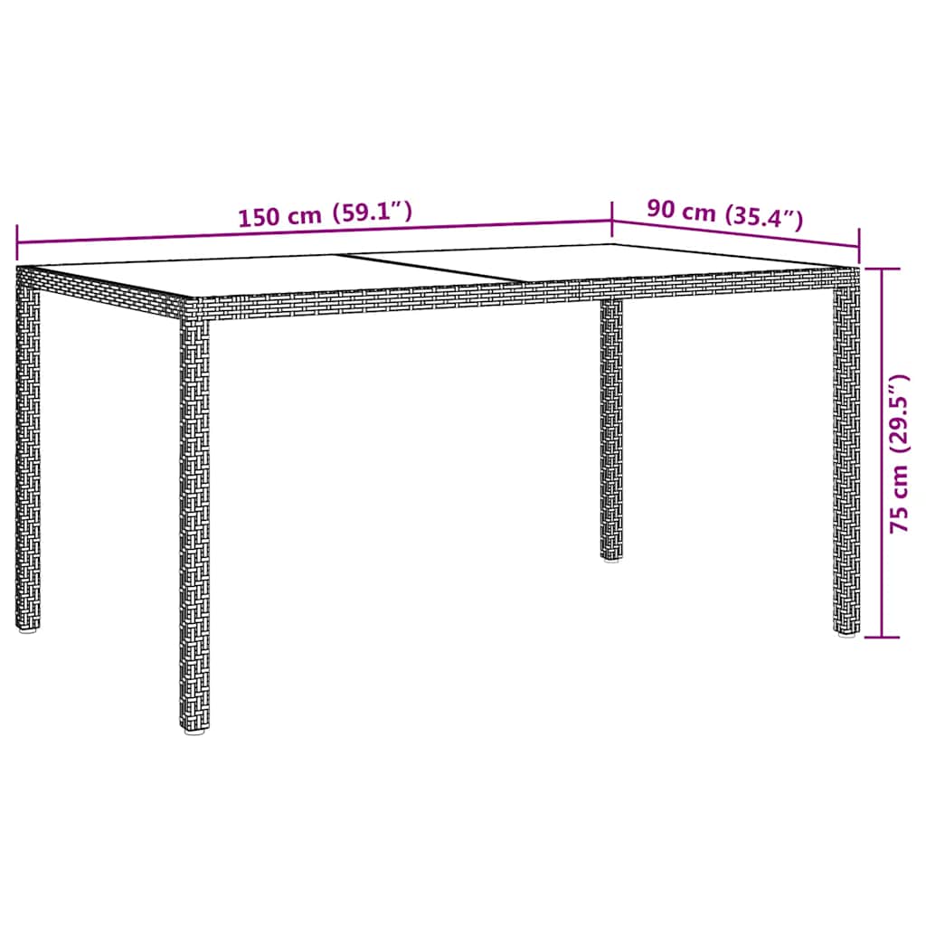 316704 vidaXL Garden Table 150x90x75 cm Tempered Glass and Poly Rattan Brown