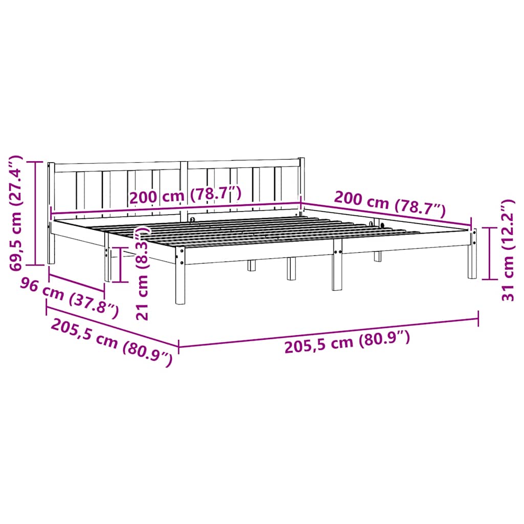 810104 vidaXL Bed Frame without Mattress Grey Solid Wood 200x200 cm