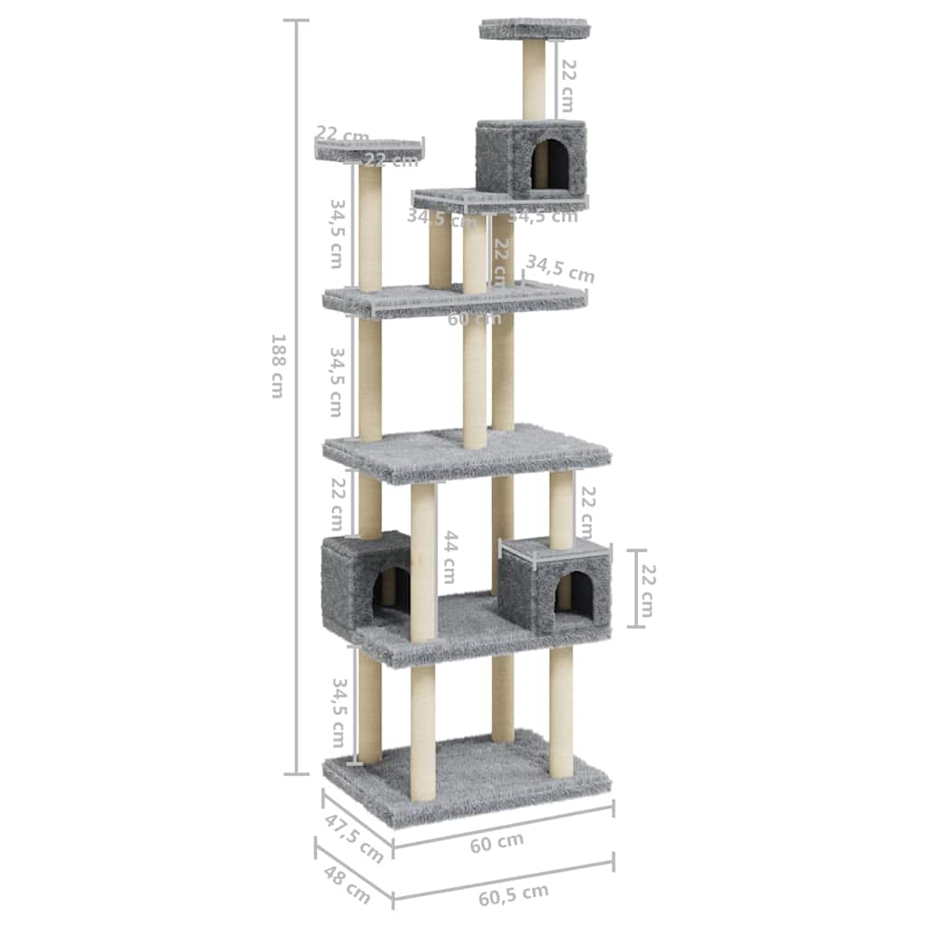 171489 vidaXL Cat Tree with Sisal Scratching Posts Light Grey 188 cm
