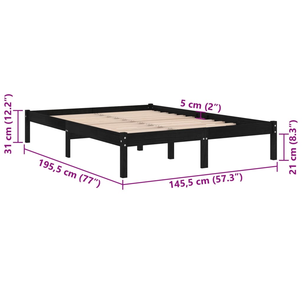 Bed Frame | Black | Solid Pine Wood | 140 x 190 cm | Sturdy | Rectangular