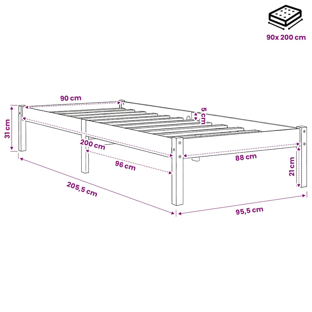 Bed Frame without Mattress White Solid Wood 90x200 cm