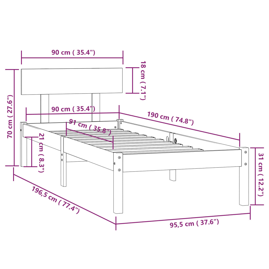 Bed Frame | White | Solid pinewood | Single | Durable | Bed Frame
