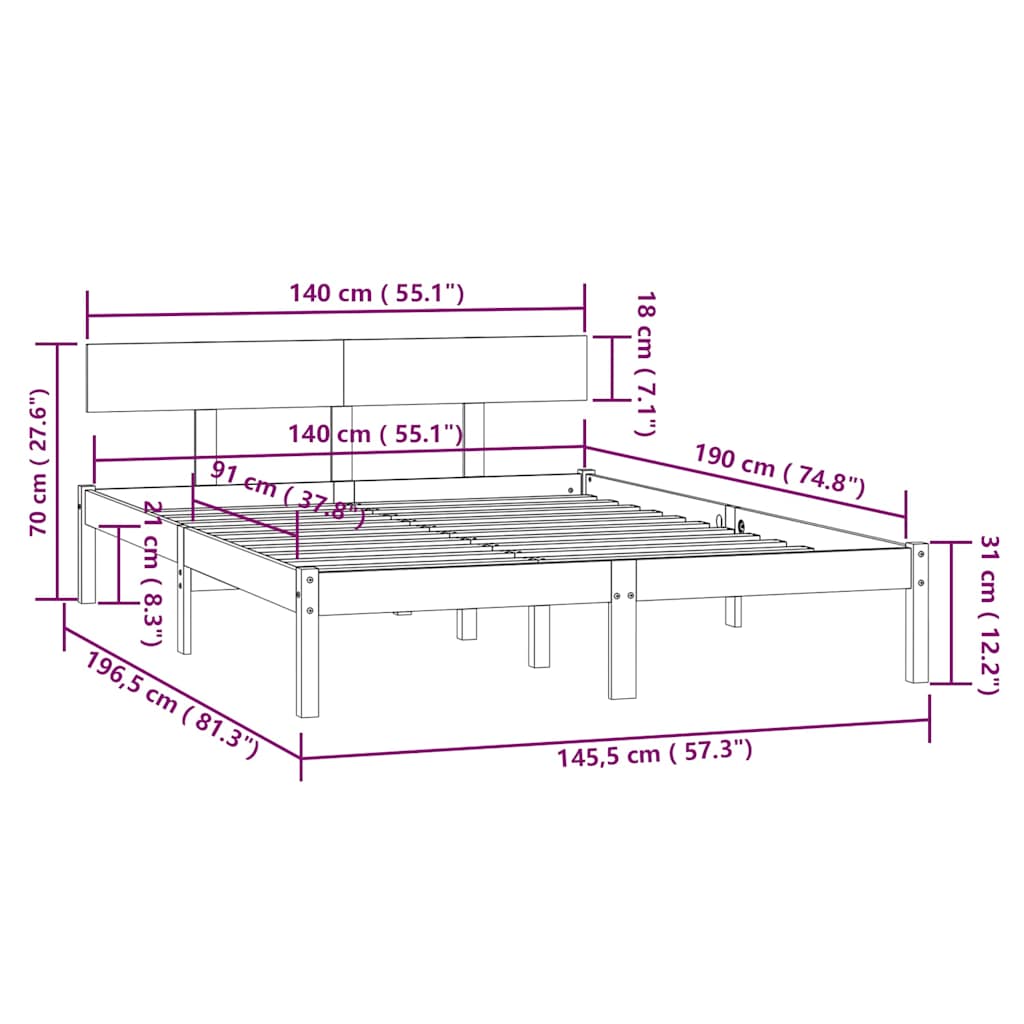 Bed Frame without Mattress Black Solid Wood 140x190 cm