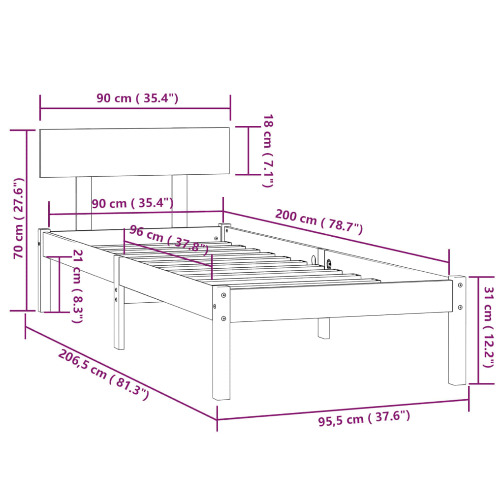 Bed Frame without Mattress White Solid Wood 90x200 cm
