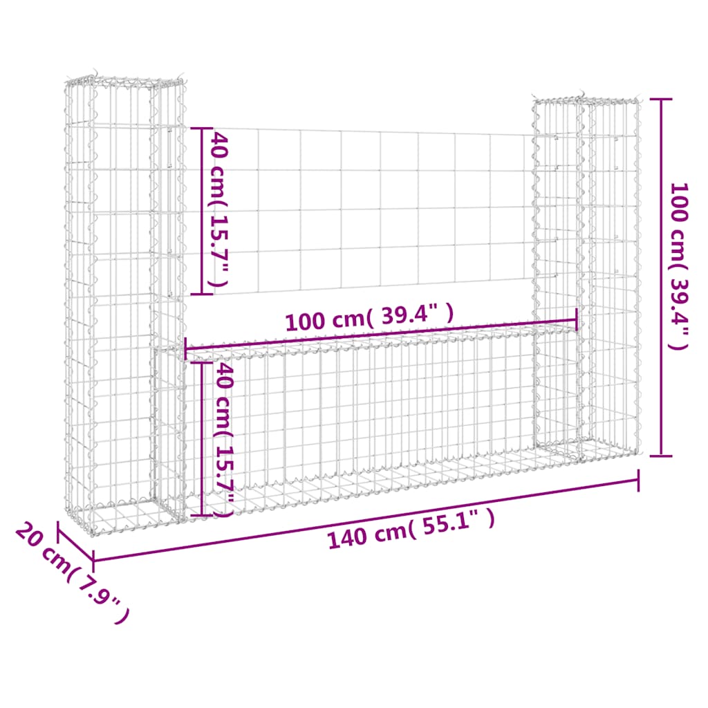 151275 vidaXL U-shape Gabion Basket with 2 Posts Iron 140x20x100 cm