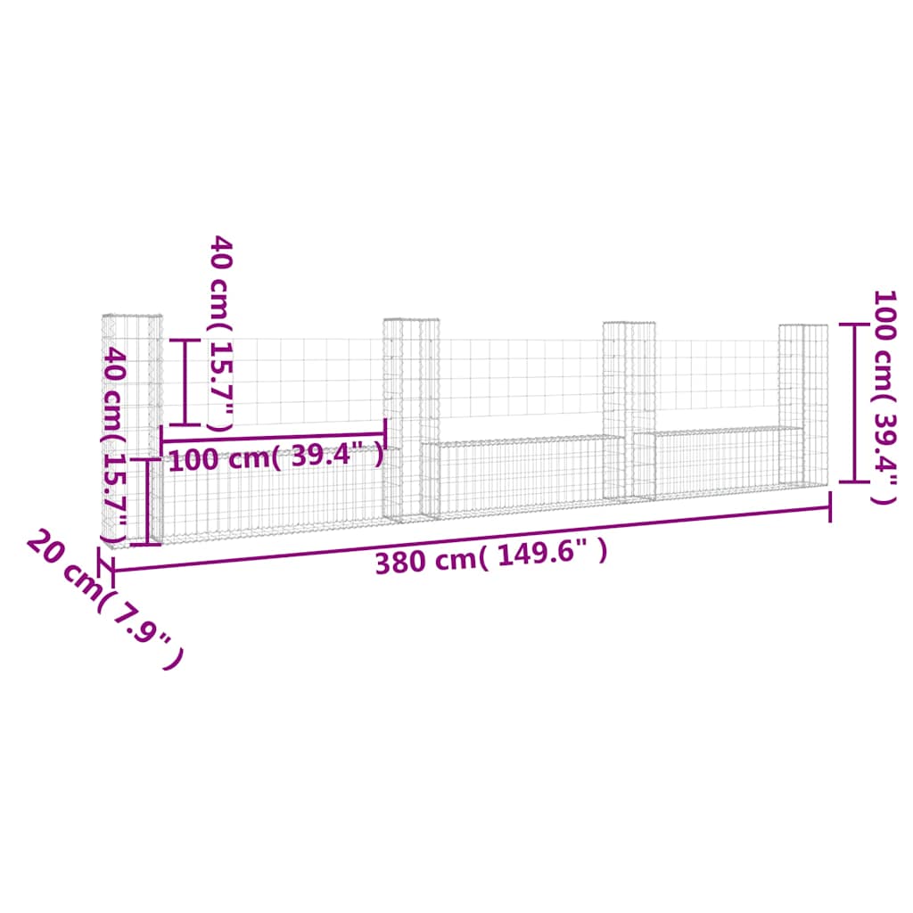 151277 vidaXL U-shape Gabion Basket with 4 Posts Iron 380x20x100 cm