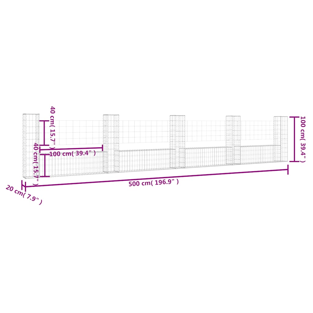 U-shape Gabion Basket with 5 Posts Iron 500x20x100 cm