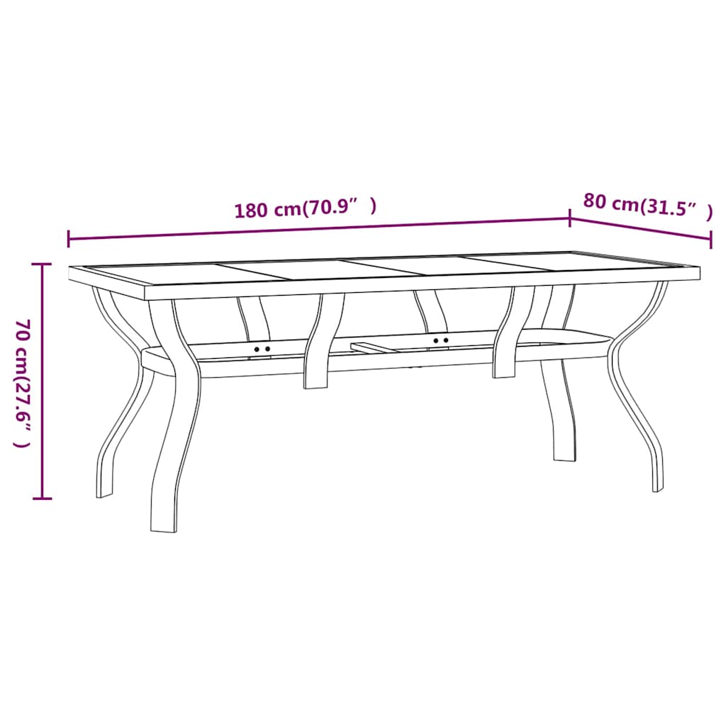 318769 vidaXL Garden Table Black 180x80x70 cm Steel and Glass