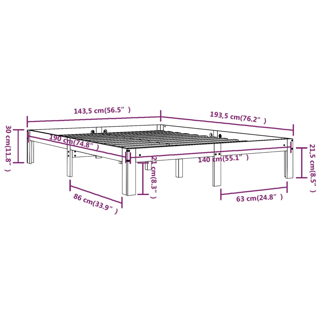 Bed Frame | White | Solid pine wood | 140x190 cm | Wood Grain | Bed Frame