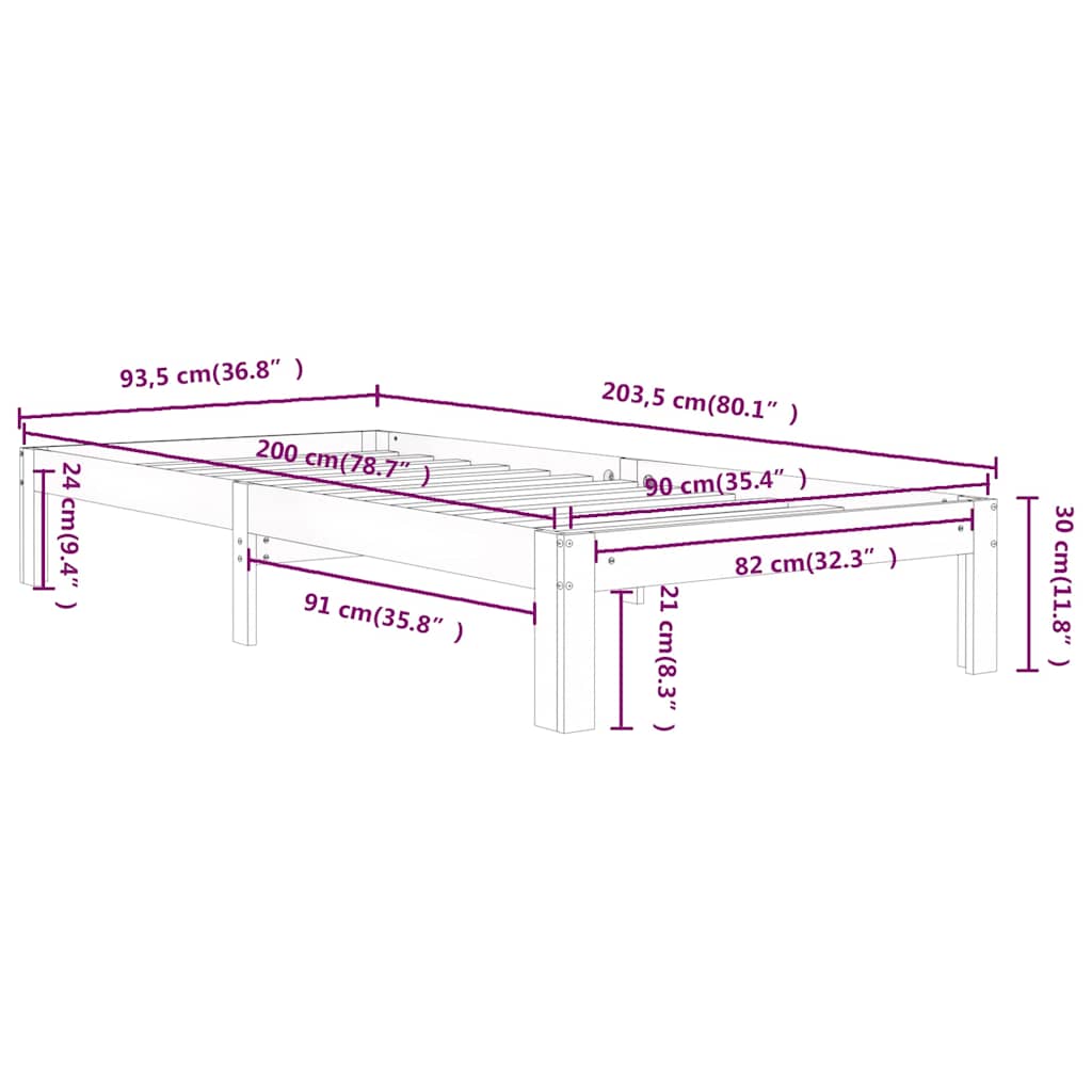 Bed Frame without Mattress White Solid Wood Pine 90x200cm