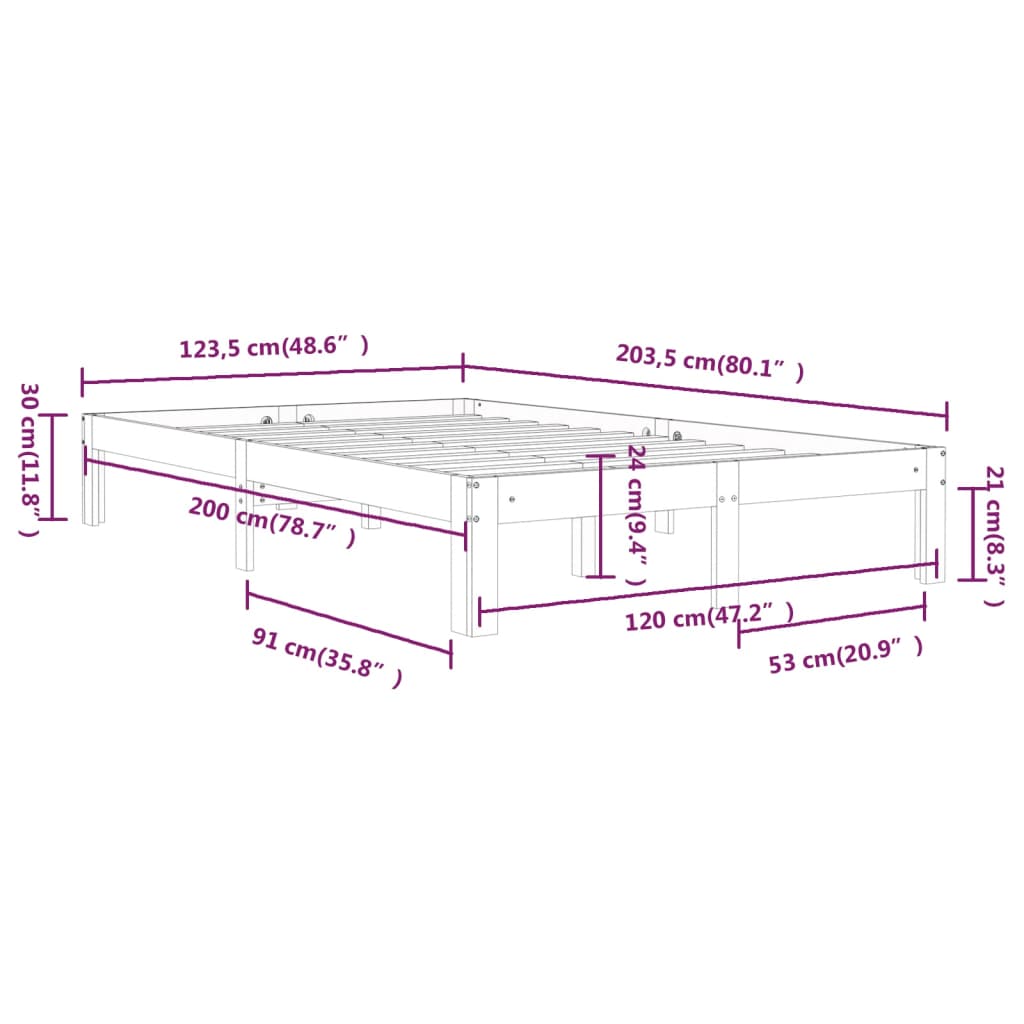 Bed Frame | White | Solid pine wood | 120x200 cm | Durable | Bed Frame