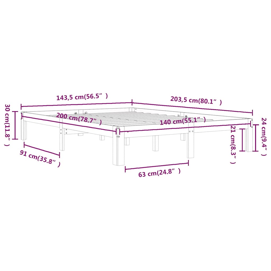 Bed Frame without Mattress White Solid Wood Pine 140x200cm