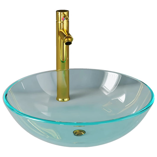 Bathroom Sink with Tap and Push Drain Clear Tempered Glass Bathroom Sink with Tap and Push Drain Clear Tempered Glass
