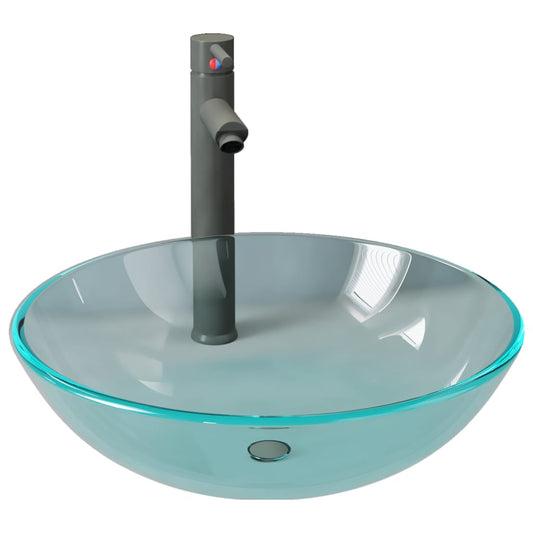 Bathroom Sink with Tap and Push Drain Clear Tempered Glass Bathroom Sink with Tap and Push Drain Clear Tempered Glass