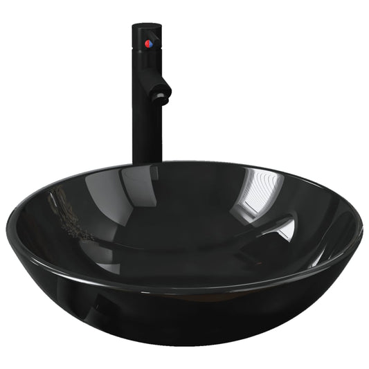 Bathroom Sink with Tap and Push Drain Black Tempered Glass Bathroom Sink with Tap and Push Drain Black Tempered Glass