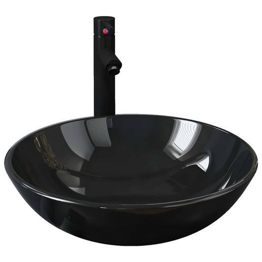 Bathroom Sink with Tap and Push Drain Black Tempered Glass Bathroom Sink with Tap and Push Drain Black Tempered Glass