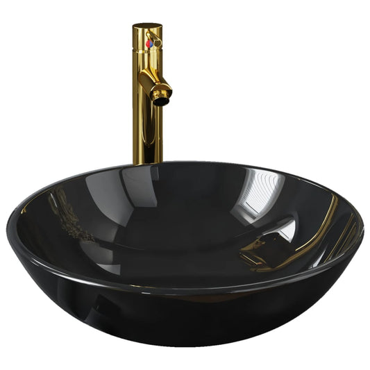 Bathroom Sink with Tap and Push Drain Black Tempered Glass Bathroom Sink with Tap and Push Drain Black Tempered Glass