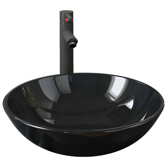 Bathroom Sink with Tap and Push Drain Black Tempered Glass Bathroom Sink with Tap and Push Drain Black Tempered Glass