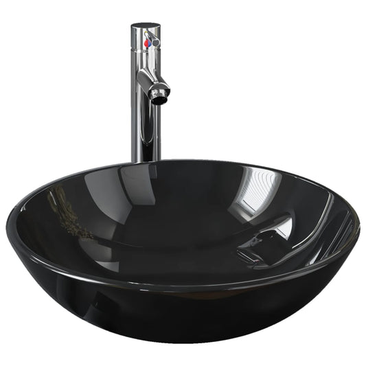 Bathroom Sink with Tap and Push Drain Black Tempered Glass Bathroom Sink with Tap and Push Drain Black Tempered Glass
