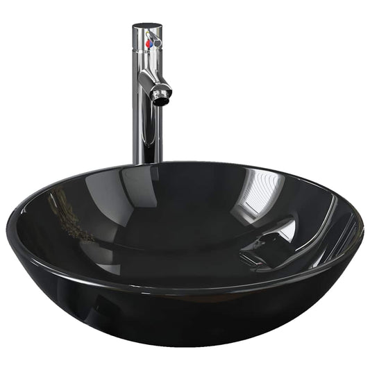 Bathroom Sink with Tap and Push Drain Black Tempered Glass Bathroom Sink with Tap and Push Drain Black Tempered Glass