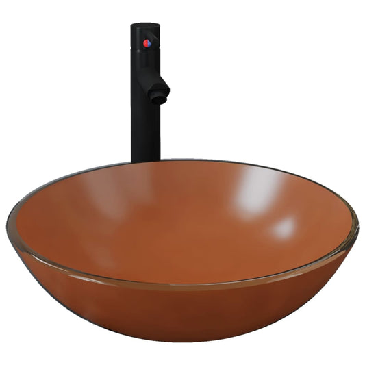 Bathroom Sink with Tap and Push Drain Brown Tempered Glass Bathroom Sink with Tap and Push Drain Brown Tempered Glass