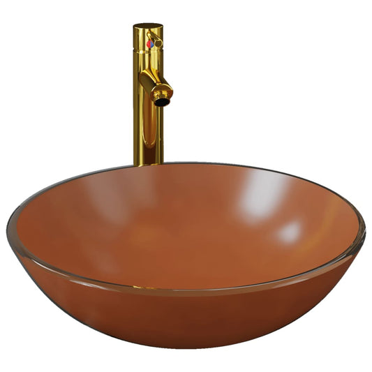 Bathroom Sink with Tap and Push Drain Brown Tempered Glass Bathroom Sink with Tap and Push Drain Brown Tempered Glass