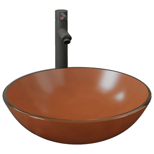 Bathroom Sink with Tap and Push Drain Brown Tempered Glass Bathroom Sink with Tap and Push Drain Brown Tempered Glass