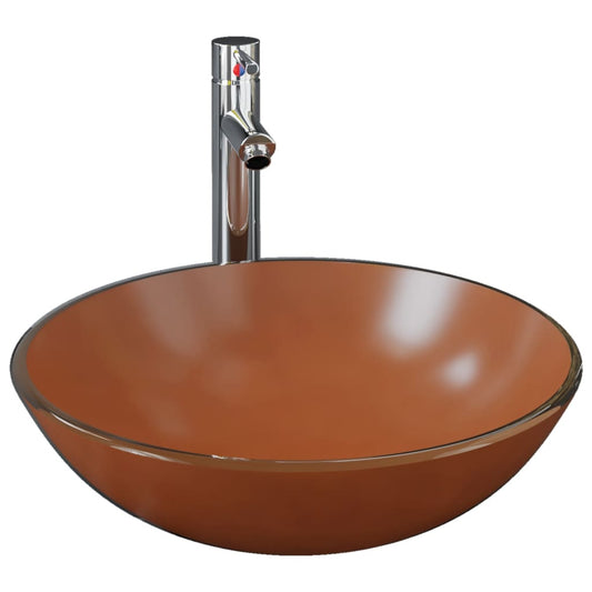 Bathroom Sink with Tap and Push Drain Brown Tempered Glass Bathroom Sink with Tap and Push Drain Brown Tempered Glass