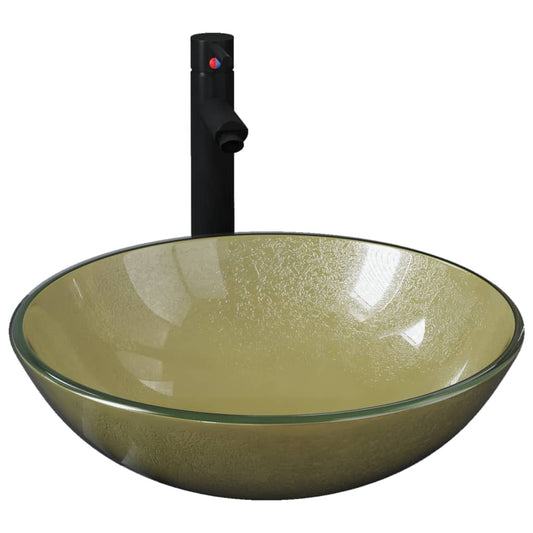 Bathroom Sink with Tap and Push Drain Gold Tempered Glass Bathroom Sink with Tap and Push Drain Gold Tempered Glass