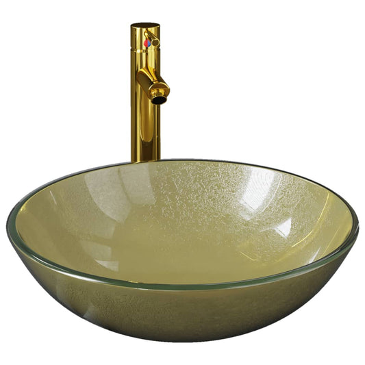 Bathroom Sink with Tap and Push Drain Gold Tempered Glass Bathroom Sink with Tap and Push Drain Gold Tempered Glass