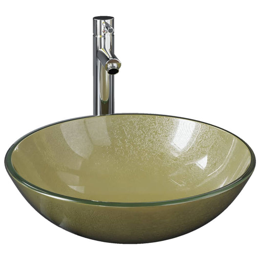 Bathroom Sink with Tap and Push Drain Gold Tempered Glass Bathroom Sink with Tap and Push Drain Gold Tempered Glass
