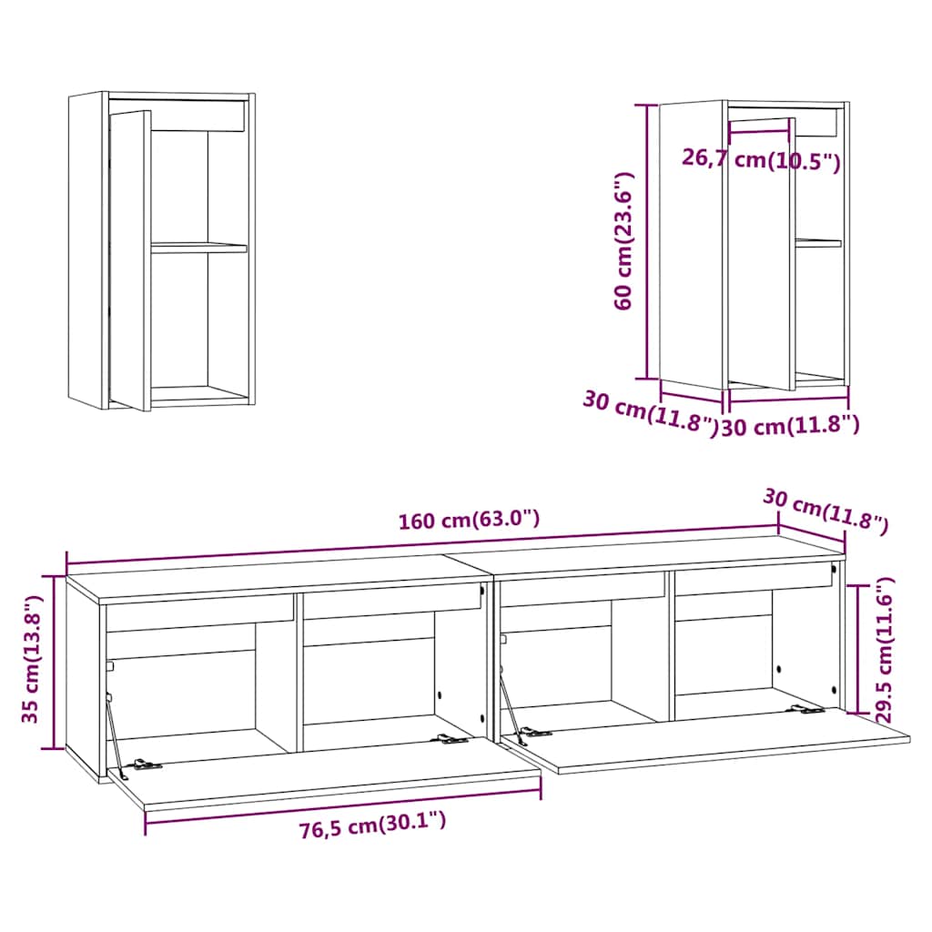 3100170 vidaXL 4 Piece TV Cabinet Set White Solid Wood Pine (813458+813488)