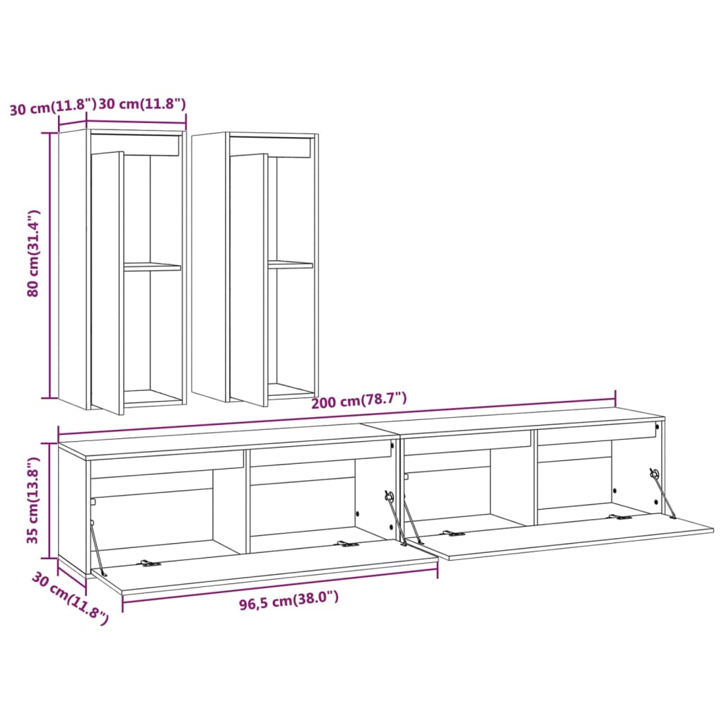 3100180 vidaXL 4 Piece TV Cabinet Set White Solid Wood Pine (813468+813498)