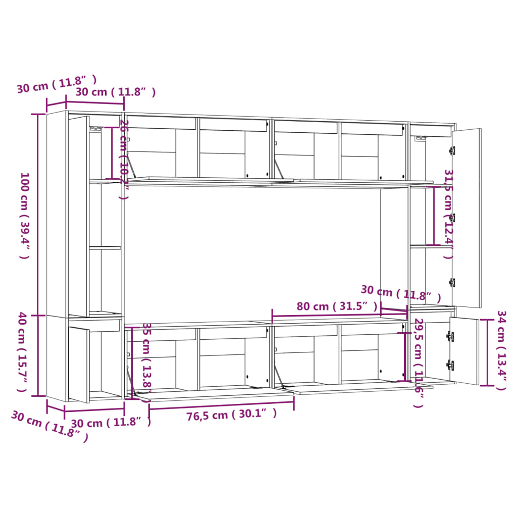3100195 vidaXL 8 Piece Wall-mounted TV Cabinet Set White Solid Wood Pine (813458x2+813478+813508)