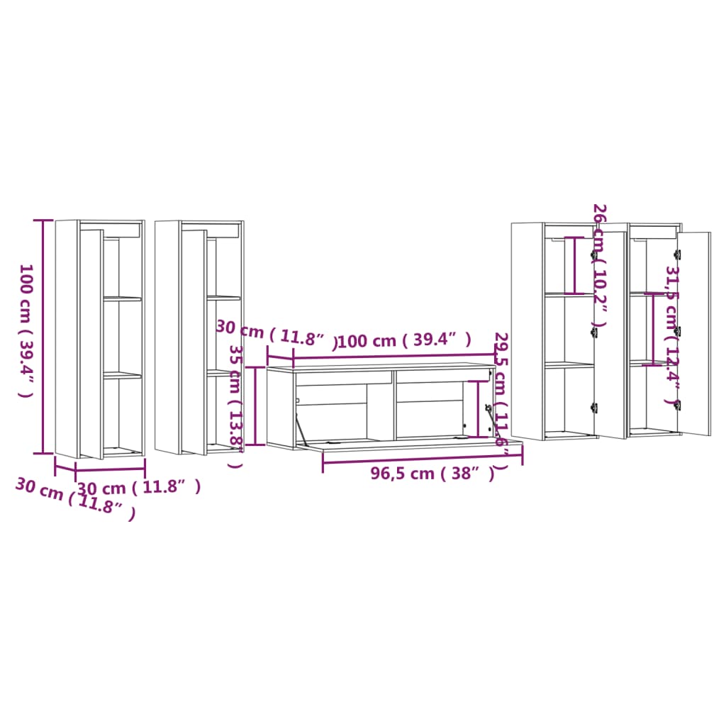 3100210 vidaXL 5 Piece TV Cabinet Set White Solid Wood Pine (813467+813508x2)
