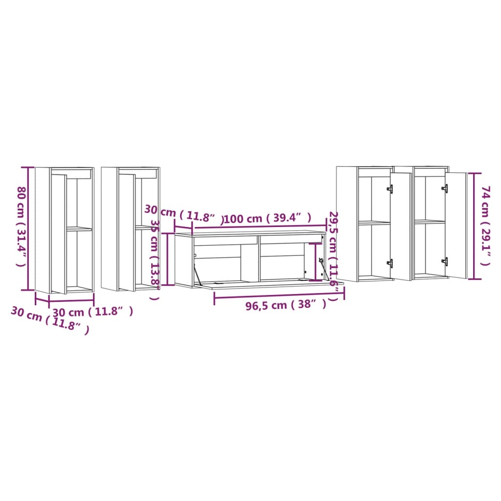 3100215 vidaXL 5 Piece TV Cabinet Set White Solid Wood Pine (813467+813498x2)