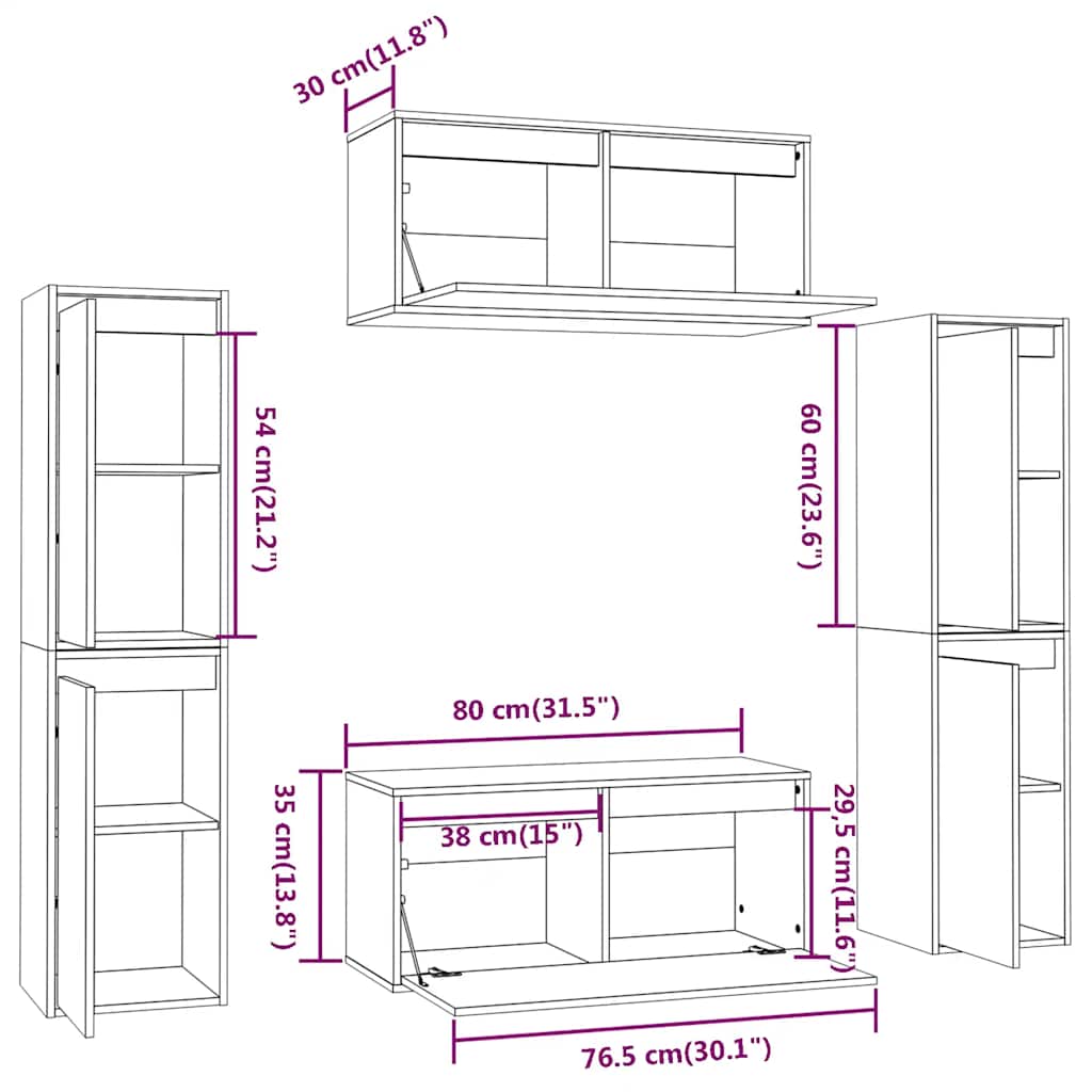 3100265 vidaXL 6 Piece TV Cabinet Set White Solid Wood Pine (813488x2+813458)