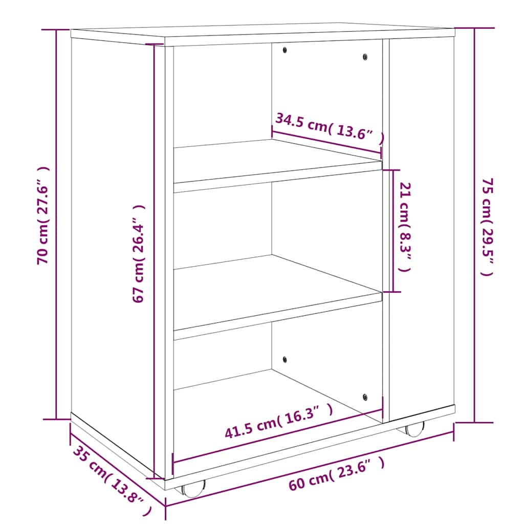 Rolling Cabinet Smoked Oak 60x35x75 cm Engineered Wood