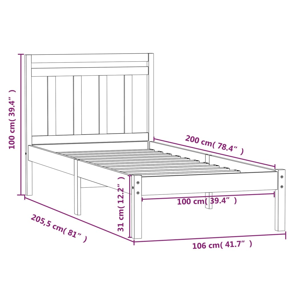 3100580 vidaXL Bed Frame without Mattress White Solid Wood 100x200 cm (810008+814080)