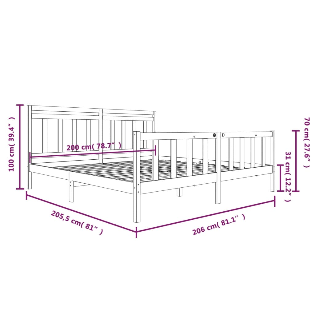 3100982 vidaXL Bed Frame without Mattress Black Solid Wood 200x200 cm (810106+814118)