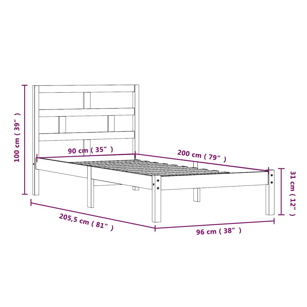Bed Frame without Mattress White Solid Wood 90x200 cm