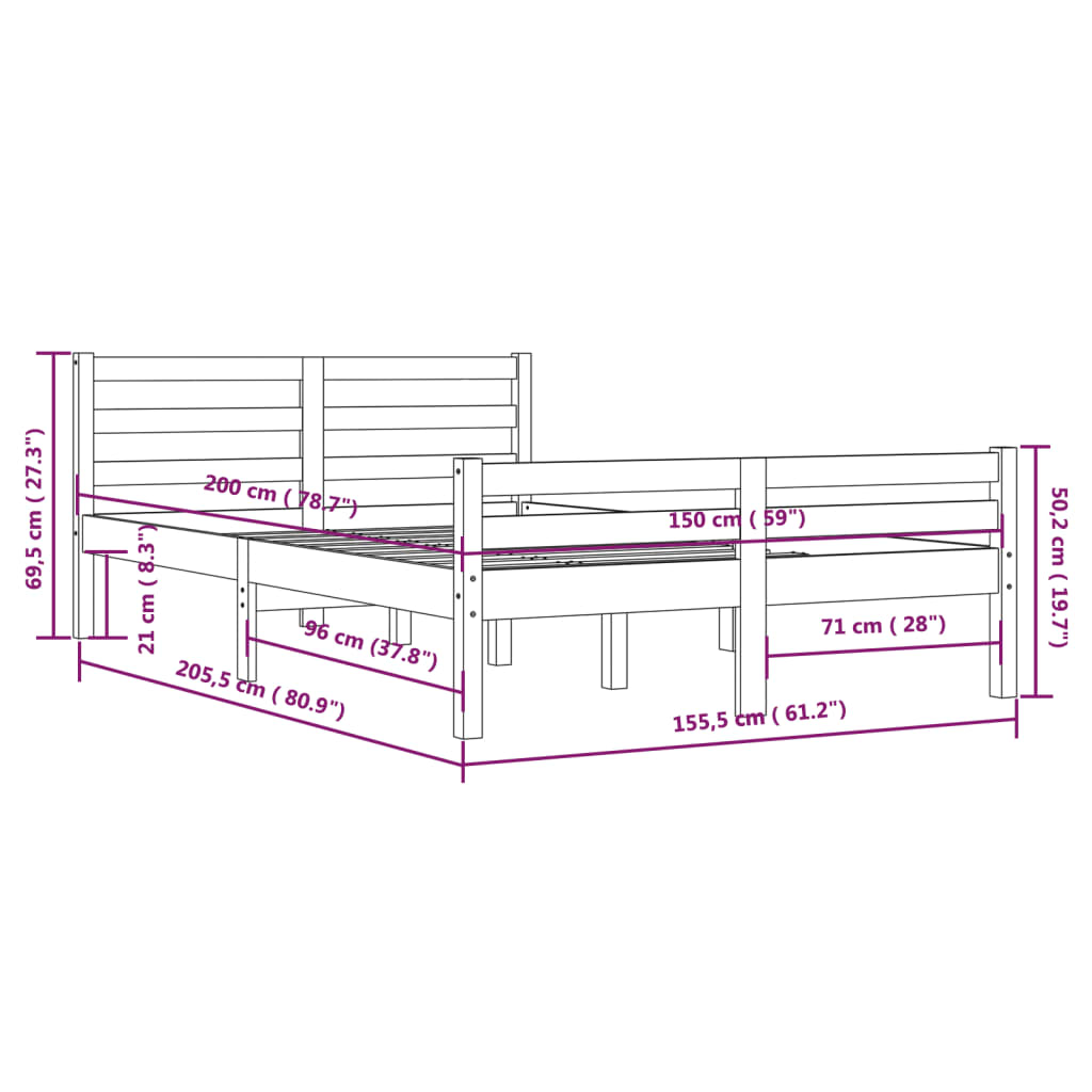 Bed Frame without Mattress Solid Wood 150x200 cm King Size