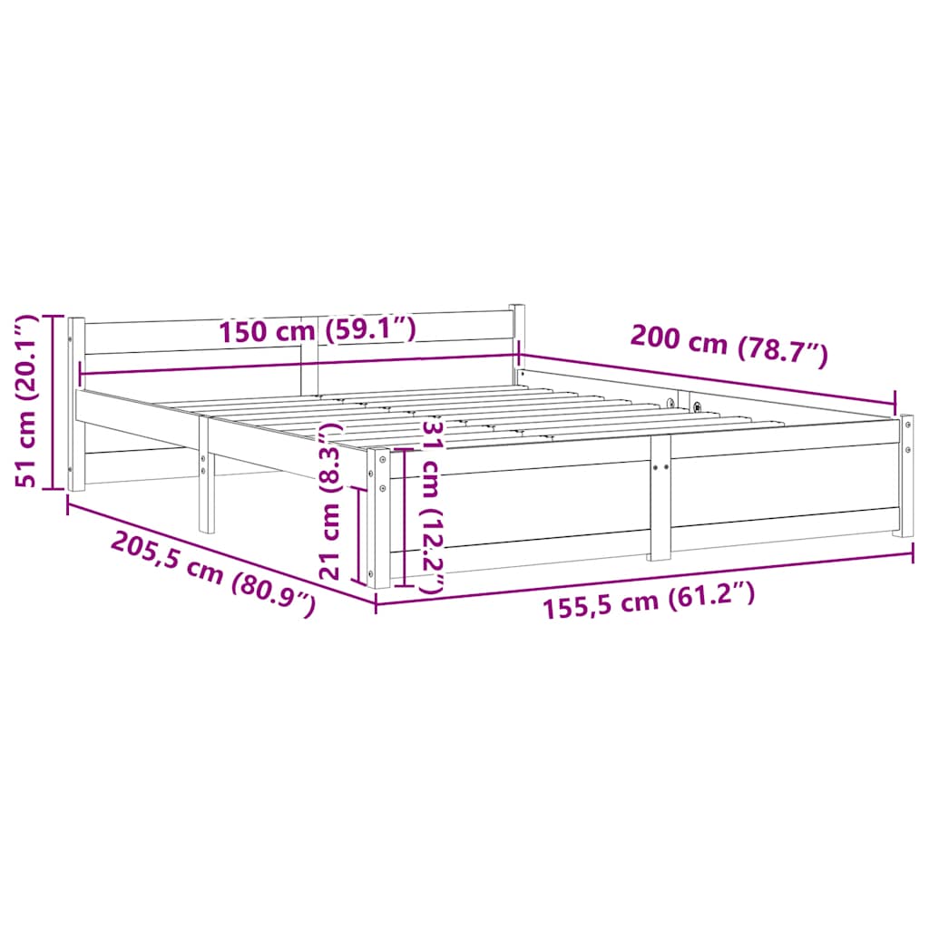 Bed Frame without Mattress Solid Wood 150x200 cm King Size