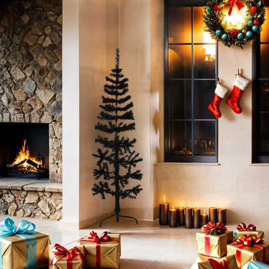 Slim Artificial Half Christmas Tree with Stand Black 150 cm Slim Artificial Half Christmas Tree with Stand Black 150 cm