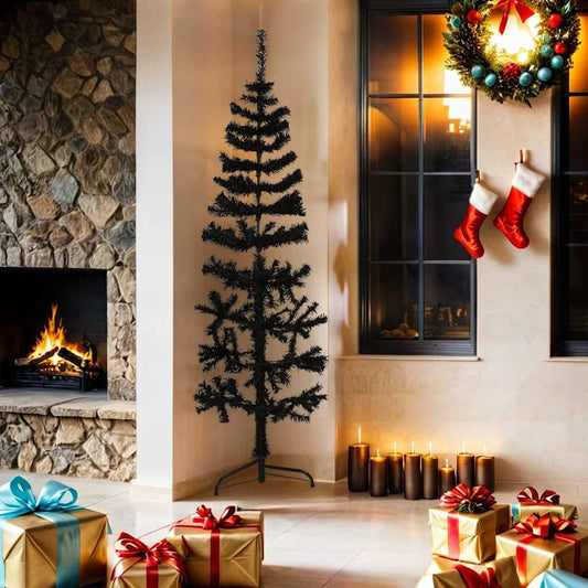 Slim Artificial Half Christmas Tree with Stand Black 180 cm Slim Artificial Half Christmas Tree with Stand Black 180 cm